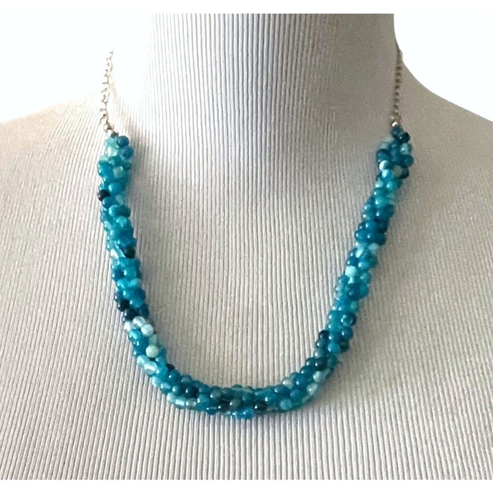 JTV New Round Blue Banded Agate Knitted Necklace Sterling Silver NIB